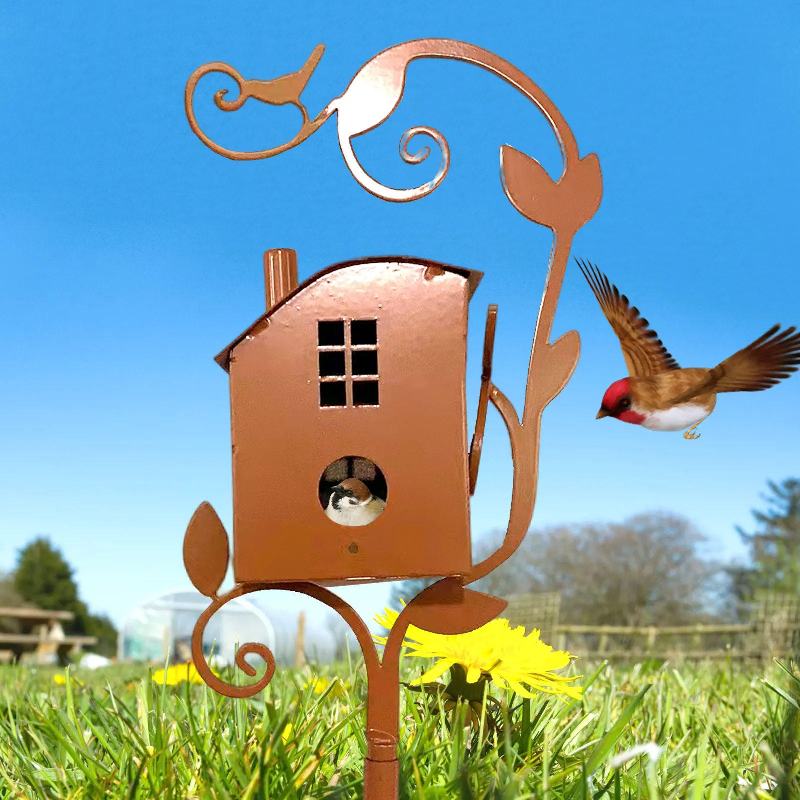 

Garden Stake Birdhouse Attractive Bird Feeders For Outdoors Metal Art With Rod Easy Assemble Hanging Bird Feeder Outdoor