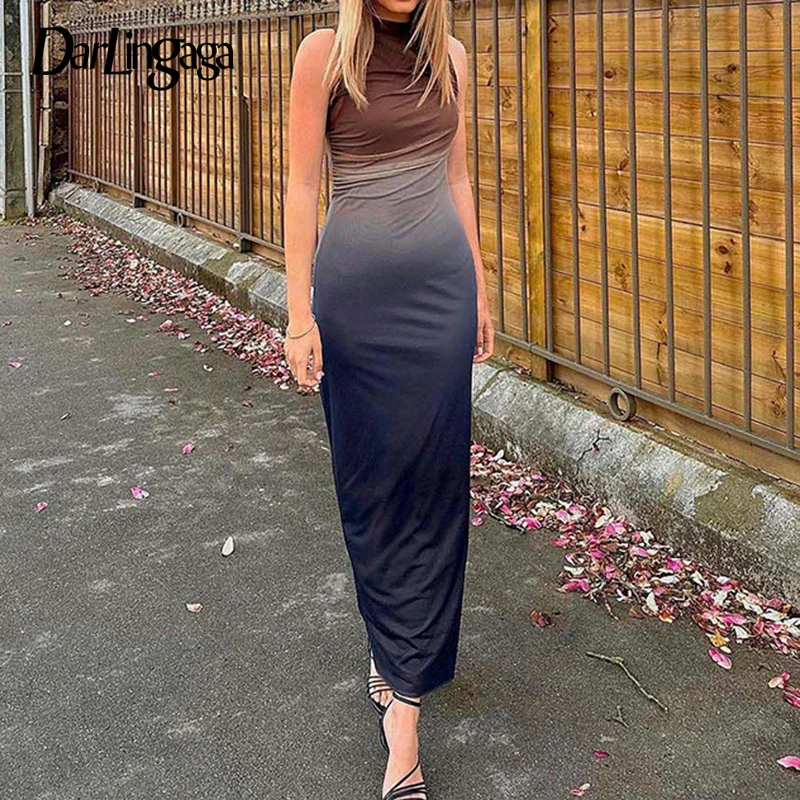 

Darlingaga Vintage Gradient Folds Elegant Long Dress Holidays Bohemian Summer Sleeveless Fashion Mesh Dress Female Ruched Party