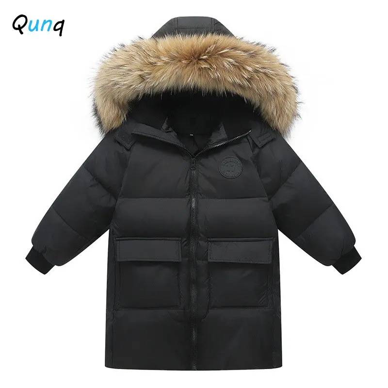 

Qunq Winter Boys And Girls Solid Hooded Fur Collar Long Sleeve zipper Down Jacket Parkas Casual Kids Clouthes Age 8 And Older