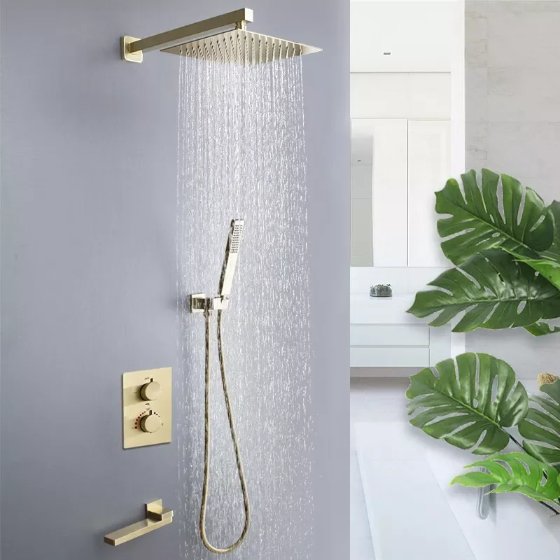 

Luxury Thermostatic Shower Set Brushed Gold All Metal Two Function Big Rain Fall Bathroom Faucet