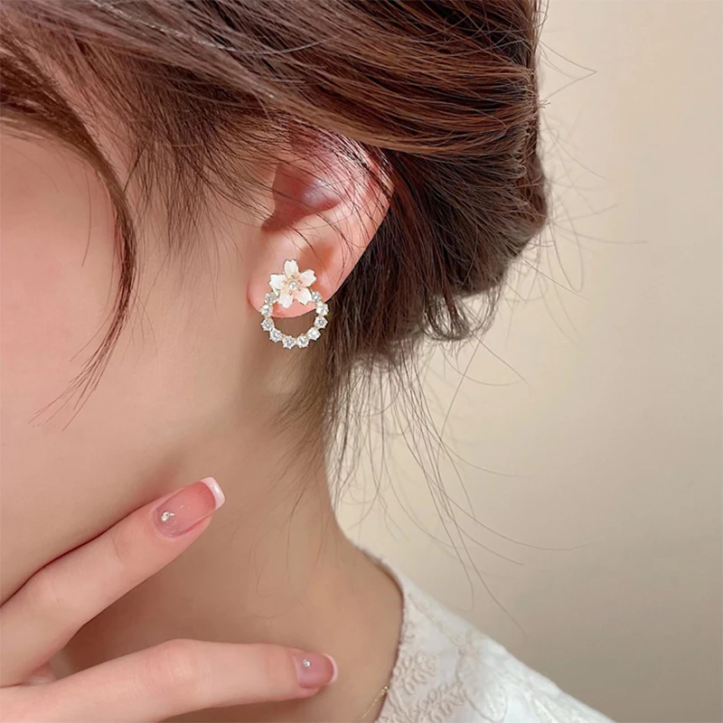 

S925 Silver Needle Korean Temperament Pink Cherry Blossom Flower Circle Summer Ins Pearl Circle Ear Stud Earrings