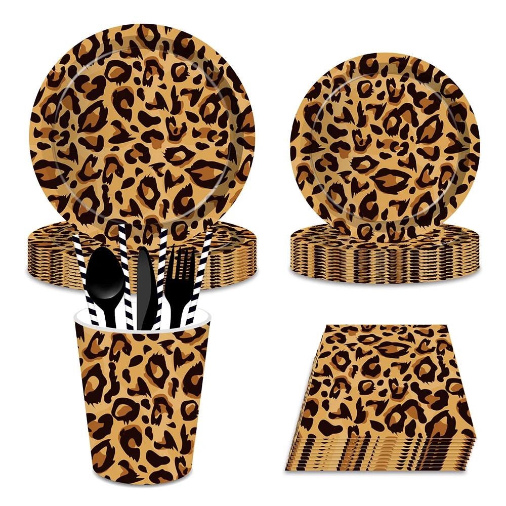 

Cartoon Animals Leopard Print Disposable Tableware Sets Plates Cups Napkins Baby Shower Wild Jungle Birthday Party Decoration