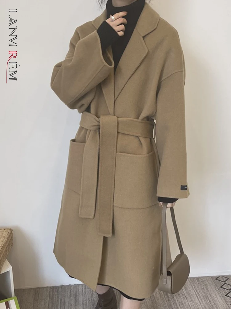 

LANMREM Женское шерстяное длинное пальто, модное однотонное пальто с отворотом и поясом, женская одежда для офиса, Осень-зима 2023, новинка 2AA1271
