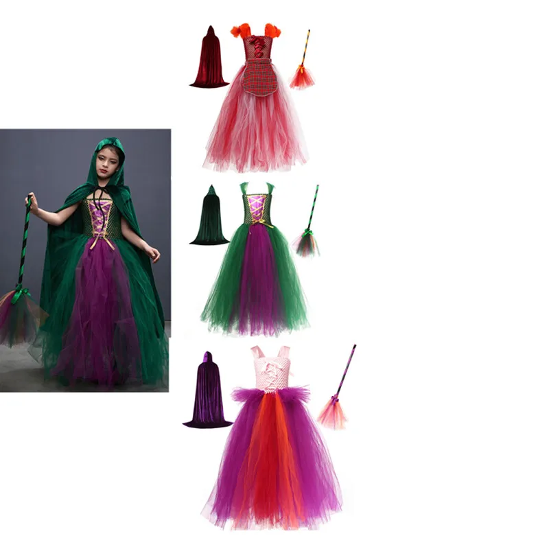 

Kids Girls Mary Sanderson Mesh Dress Hooded Cloak Magic Wand Outfits Halloween Carnival Suit
