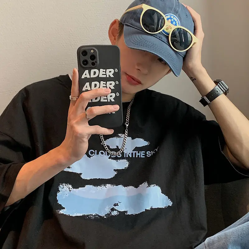 

Korean Blue Cloud Men Tshirts 210GSM Cotton Man Summer Short Sleeve Tees Streetwear Unisex Graphic T-shirt 5XL Clothing