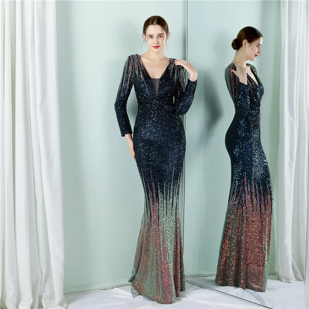 

New Women Elegant V-neck Long Sleeve Evening Dress Sexy Mermaid Sequin 2022 Women Floor length Wedding Party Dress Vestidos