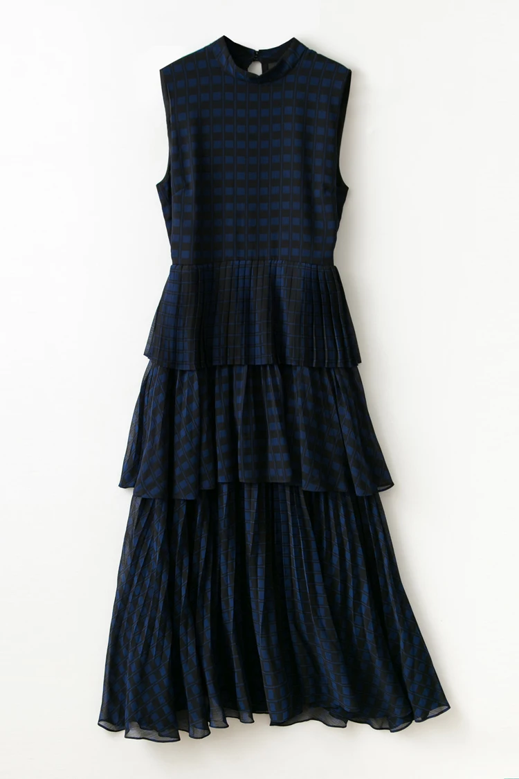 

22 New Summer Black&Blue Plait Print Sleeveless Layers Midi Dress US 0-8