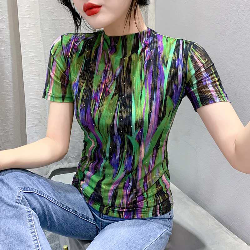 

Printed Mesh T Shirts Women Half Turtleneck Short Sleeve Tees Lady Fake Diamonds Elegant Stretchy T-Shirt Top