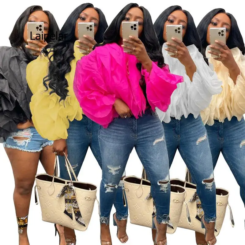 

Женский шифоновый топ с каскадными лепестками, короткий однотонный топ в европейском и американском стиле с длинными рукавами, 2022