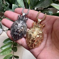 hip hop punk gold plated crown lion head animal pendant necklace stainless steel titanium steel mens fashion gift wholesale