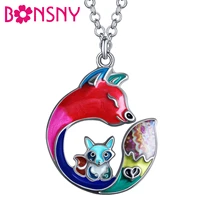 bonsny enamel alloy metal round shape sweet little fox necklace pendant chain animals fashion jewelry for women girl charms gift