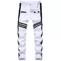 new white mens jeans straight denim jeans with zippers contrast color stripe male pants slim plus size trousers