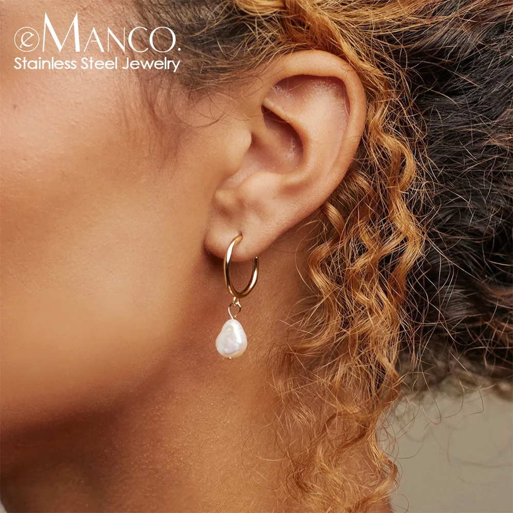 

eManco Fashion Natural Freshwater Pearl Pendant Earrings Large Hoop Stainless Steel Gold Color Earrings Gifts for Women