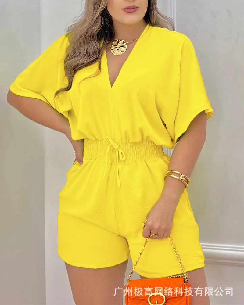 

Batwing Sleeve Shirred Waist Romper Women Spring Summer Solid Color High Waist Playsuits Shorts Pants V Neck