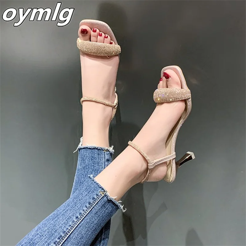 

Sandals women's summer new 2022 square head fairy wind fashion rhinestone one-word buckle high-heeled fashion shoes pumps