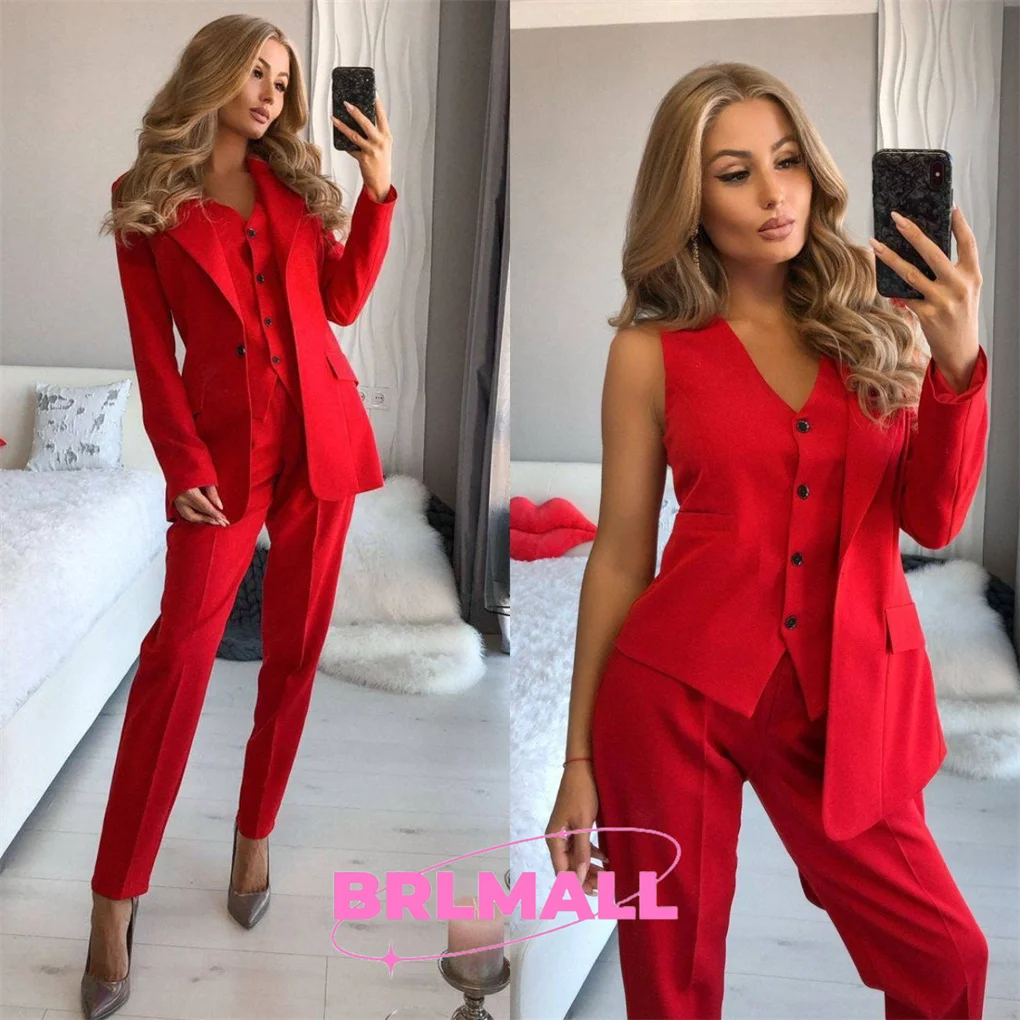 Formal Womens Blazer Suit Office Women 3 Pieces Suit with Slim Fit Pants Buttoned Vest and Single-Breasted Blazer Business