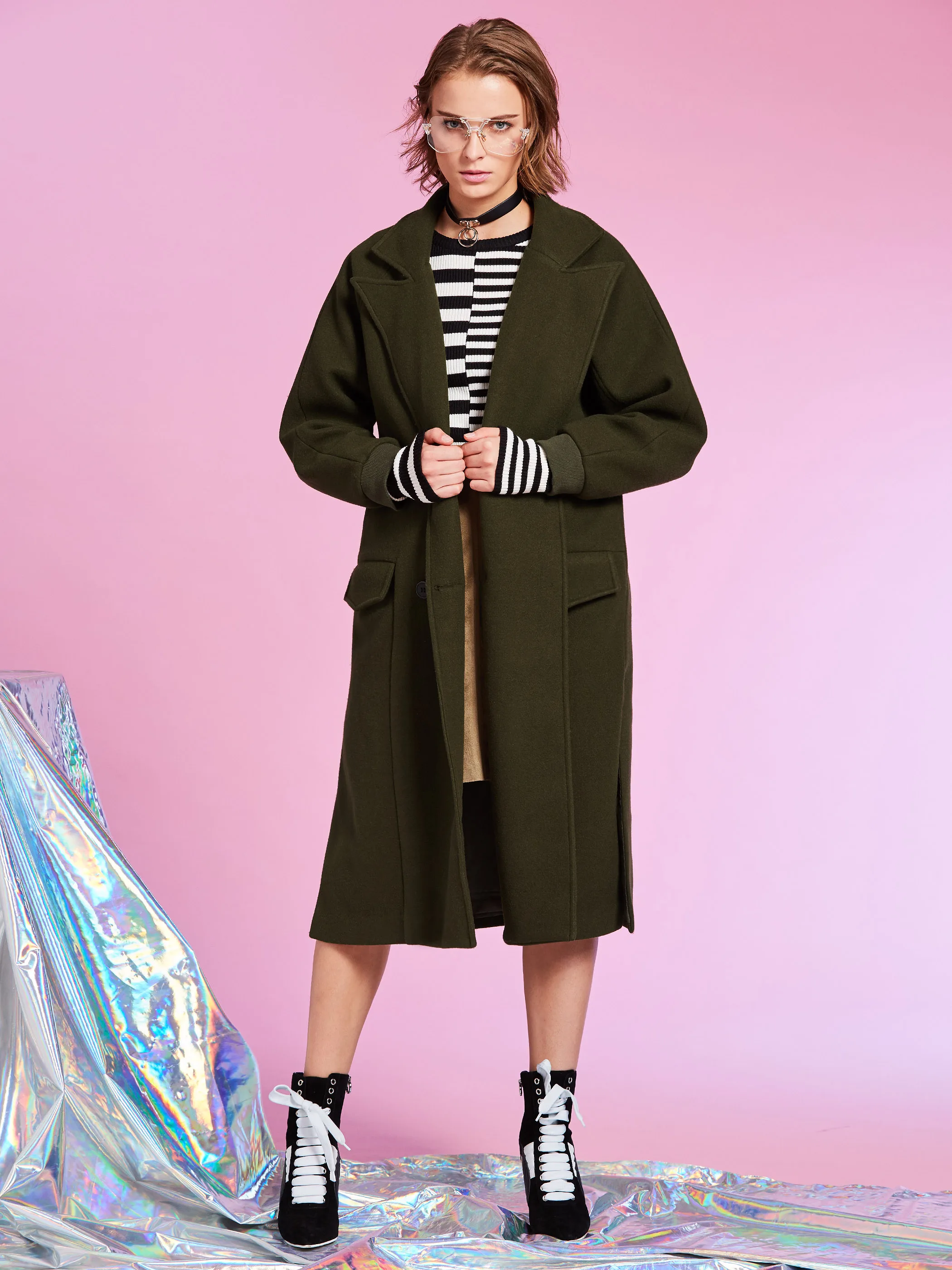 

Женское длинное зимнее пальто, осенняя одежда для молодых девушек, армейское зеленое двубортное шерстяное пальто, женская повседневная кур...