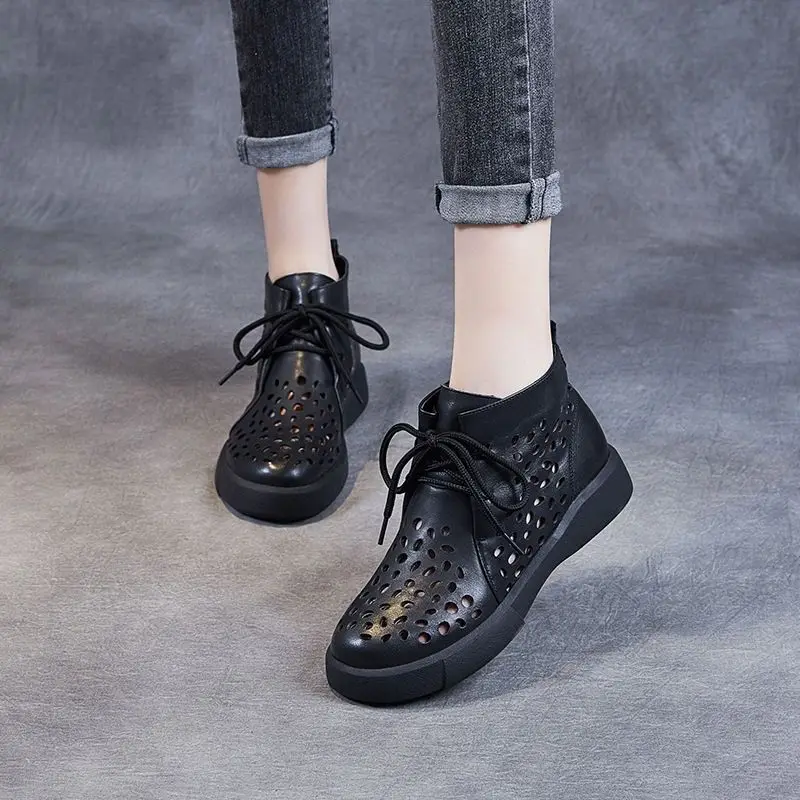 Trendy Woman's Retro Boots Casual Female Split Leather Hollow Out Shoes for 2023 women Summer Cutout Lace Up Ankle Booties