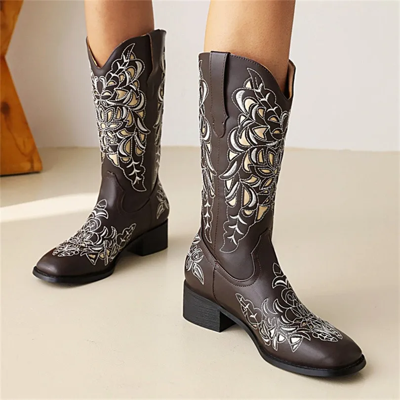 

Winter Boots Women 2022 Embroider Sexy Square Toe Cowboy Boots For Women Sheos Size 46 Slip-on Short Plush Botas Feminina