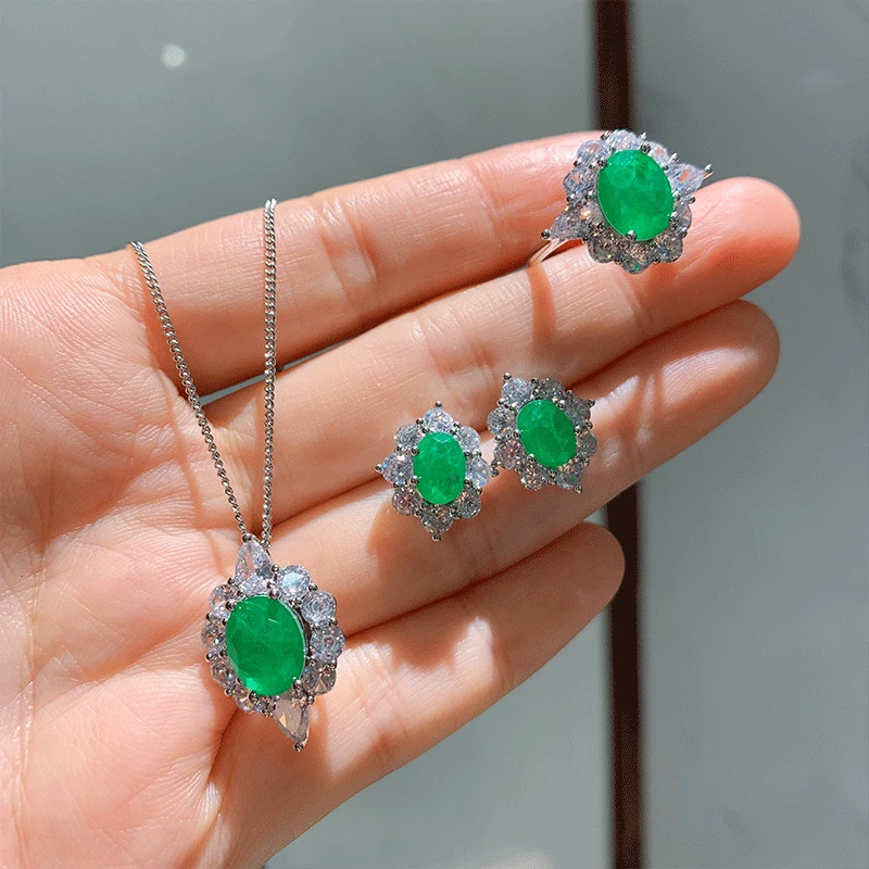 

New High Quality 925 Sterling Silver Green Crystal Gemstone Necklace Ring Earring Fine Jewelry For Women Set Chains And Earrings