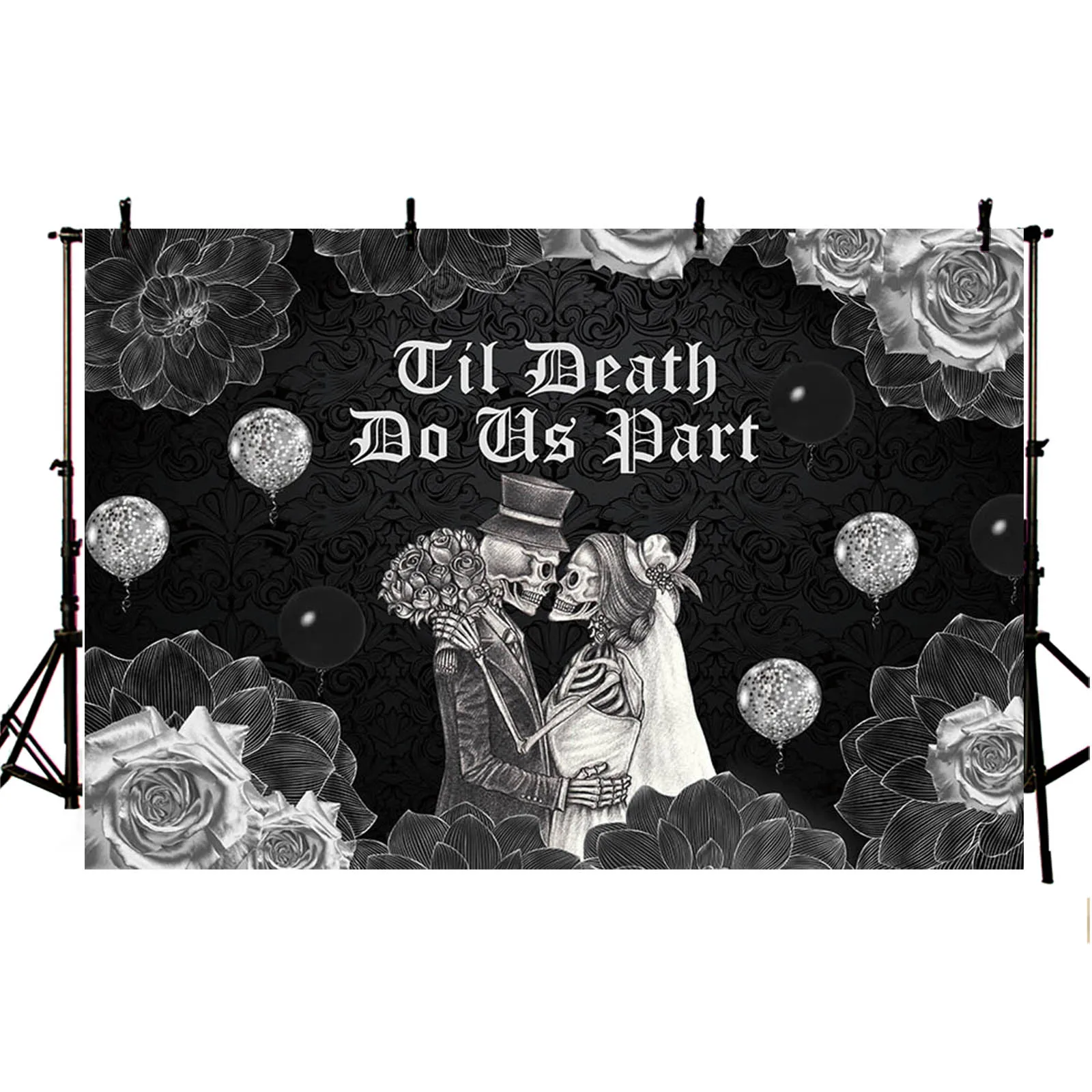 Фото AIBIIN Do Death Do Us Фотофон для Хэллоуина свадьбы девичника фотография со скелетом и цветами №2