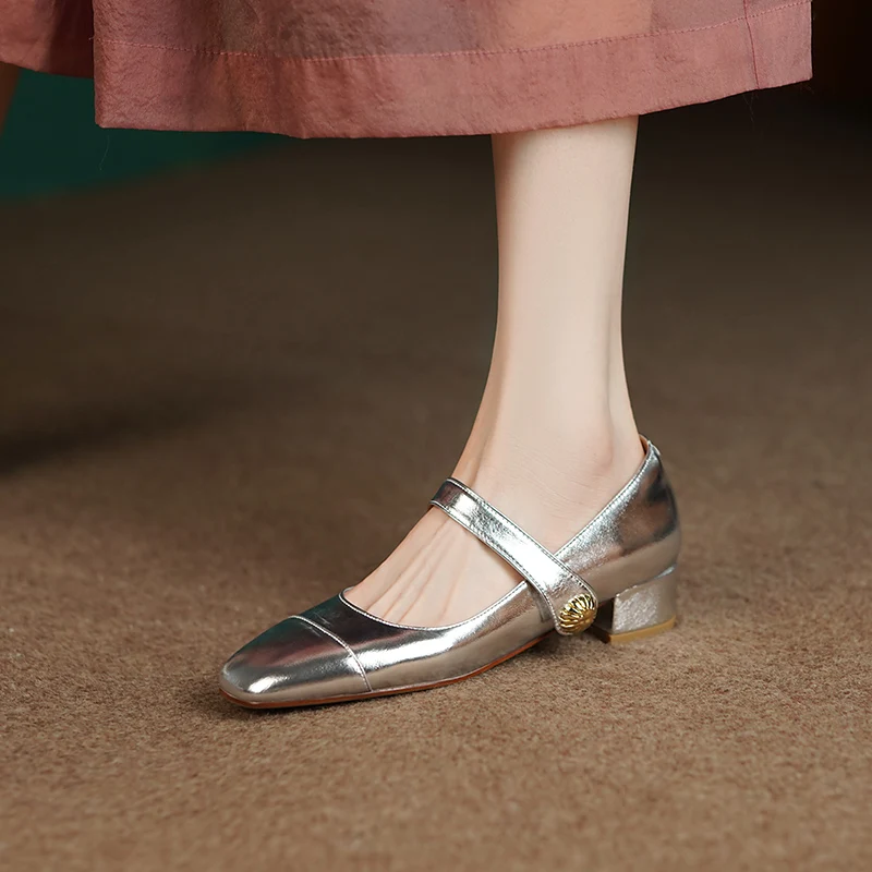 Spring cow leather women's shoes square toe stitching thin belt buckle metal decoration medium heel thick heel women's shoes
