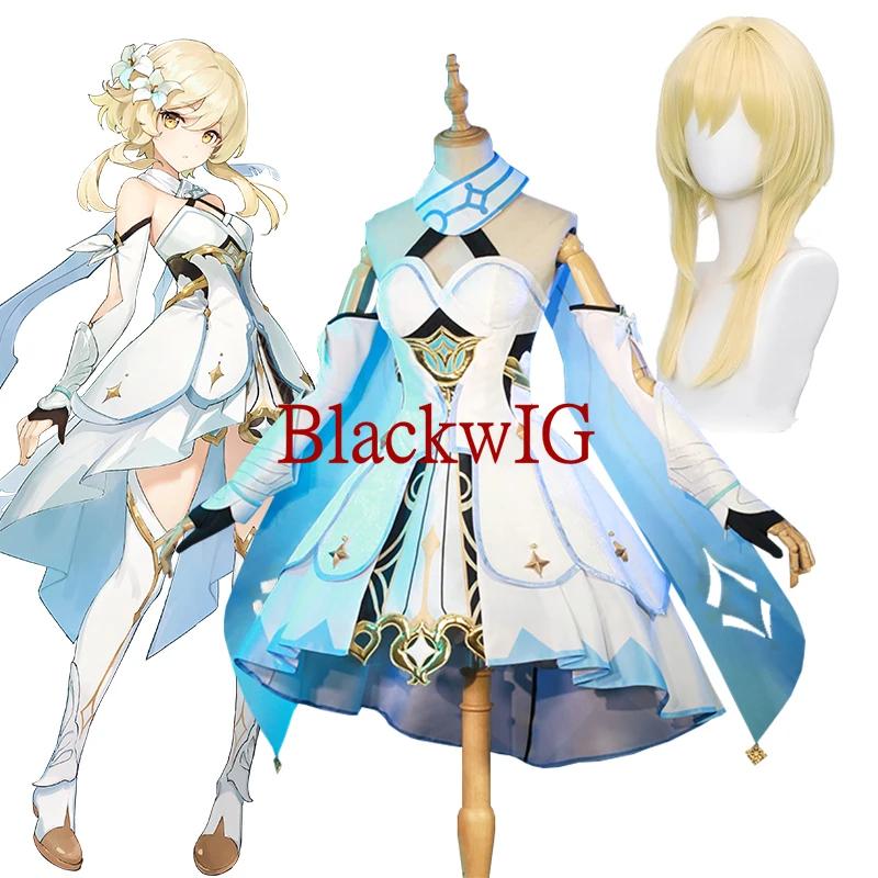 

Game Genshin Impact Traveler Lumine Cosplay Costumes Wig Halloween Party Cute Dress For Women Girls Full Set