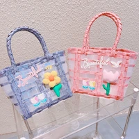summer pink flower woven plaid shopping bags for gilr basket luxury beach tote shoulder fashion pvc purse and handbag woman