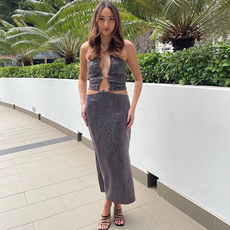 European And American Style Sexy Spice Girl Cutout Skirt A-Line Dress Backless Neck Hanging Sequins Party Dress