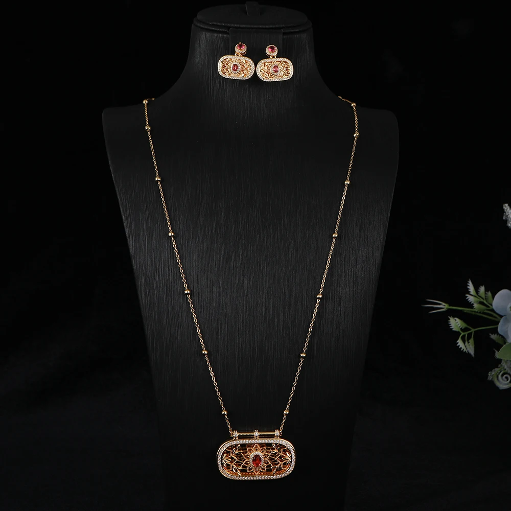 

Luxury Geometry Flower Long Necklace Earrings Full Pave Cubic Zirconia Engagement Party Drop Jewelry Set For Dubai Women S420