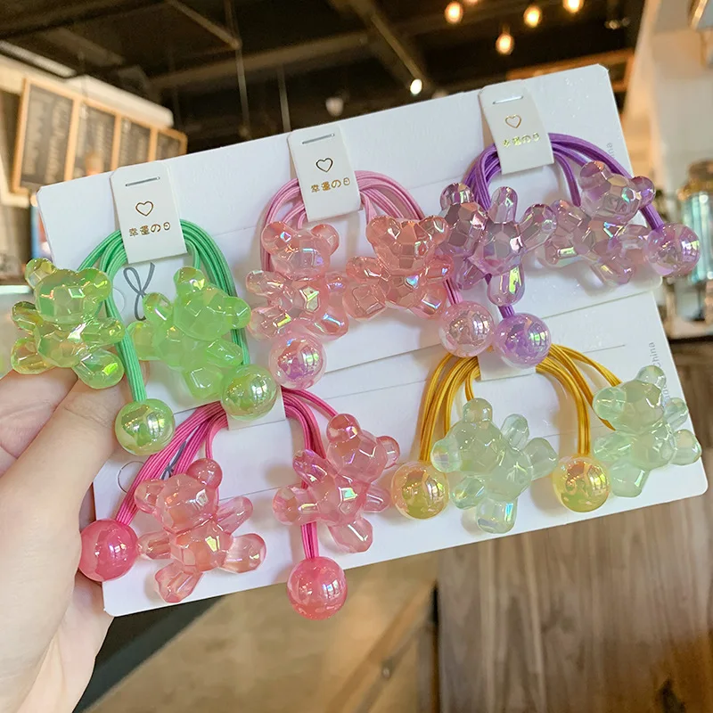 

2PCS Set Solid Color Flat Surface Standing Bear Long Elastic Hair Band For Girl Kids Cute Fairy Fancy Bun Ponytail Rubber Ties