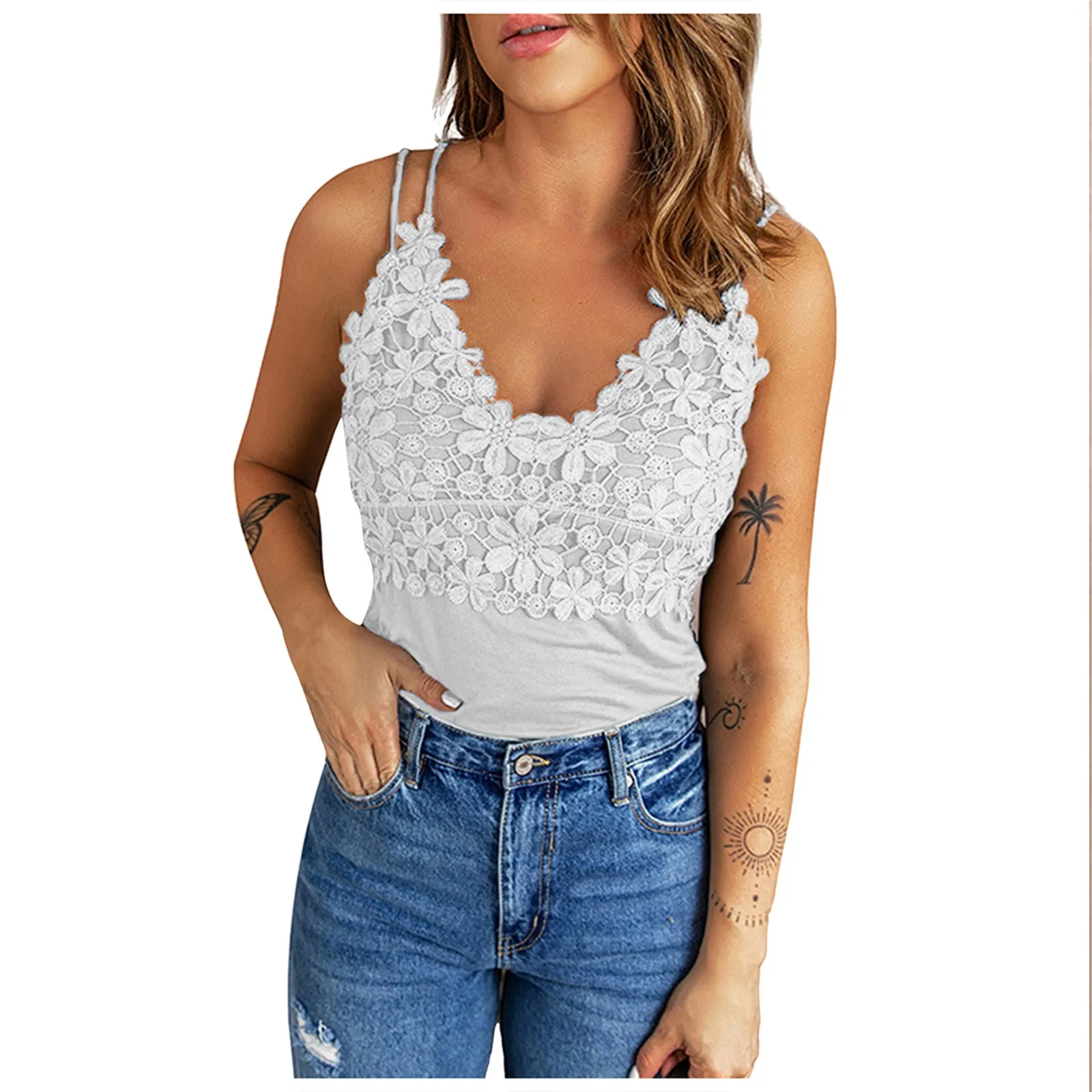 

Женская Однотонная футболка с V-образным вырезом и кружевом