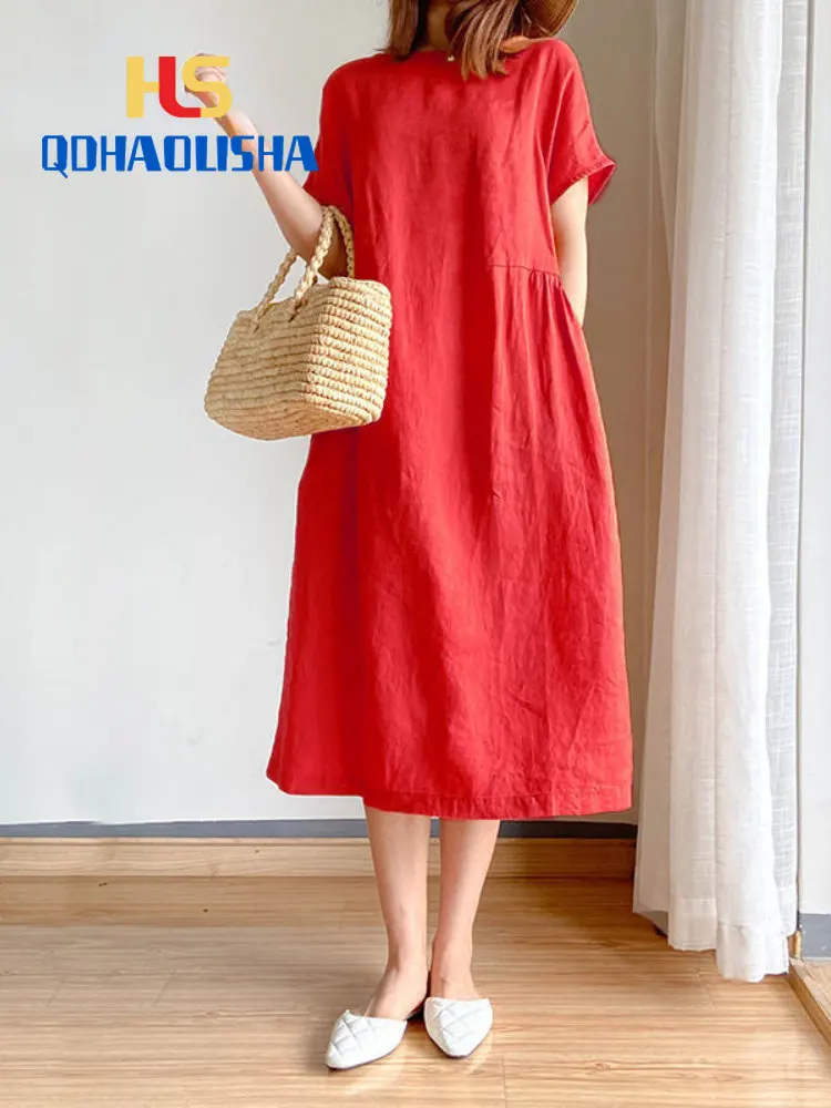 

Платье-миди женское свободного кроя, повседневная однотонная хлопково-льняная рубашка-трапеция с коротким рукавом, в стиле оверсайз, на лето