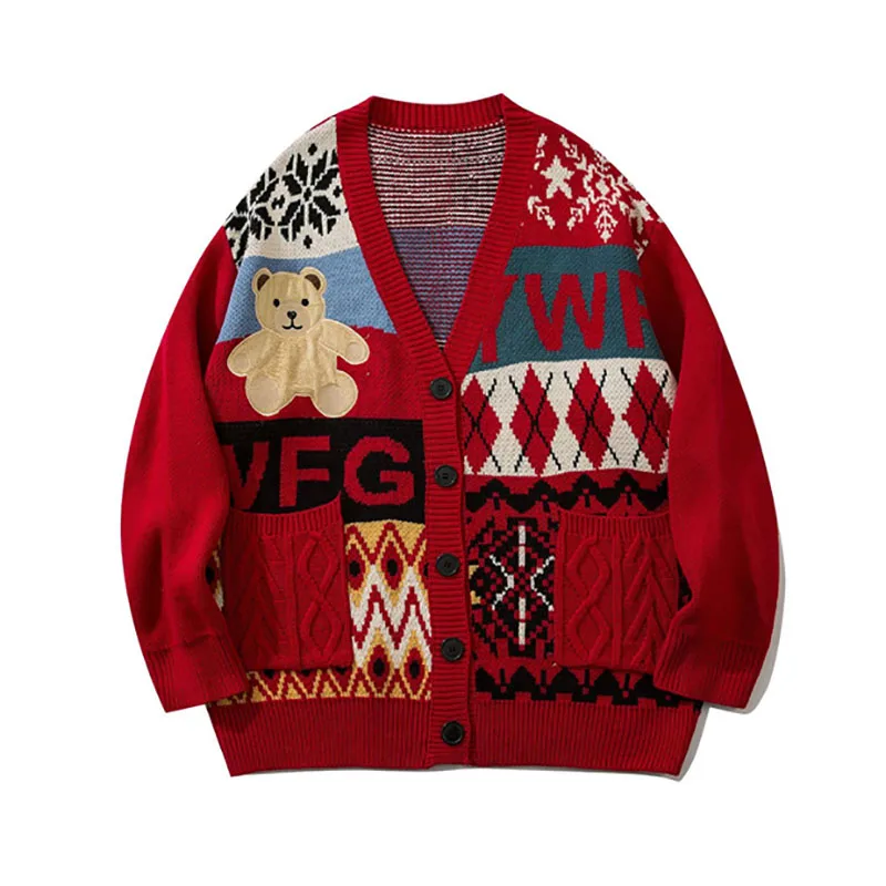 

2023 Ugly Christmas Sweater Cute Bear Top Oversize Men High Street Knitting Sweater V-neck Single-breasted Pullover Women