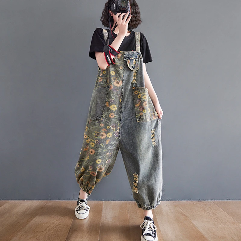 

Casual Loose Oversize Jeans Jumpsuits Women Spring Autumn Print Floral Denim Overalls Wide Leg Dungarees Straps Baggy Pants
