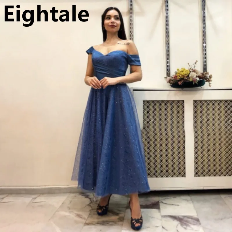 

Eightale 2022 Blue Tea Length Formal Evening Dress For Wedding Party Shinning Tulle Women Turkish Couture Prom Party Gown