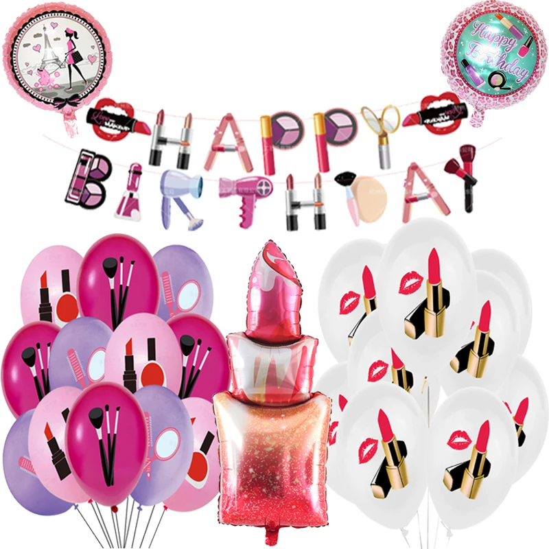 1set Makeup Balloons Happy Birthday Banner Princess Girl Sexy Cosmetics Lipstick Balloon for Spa Make Up Party Decor - купить по