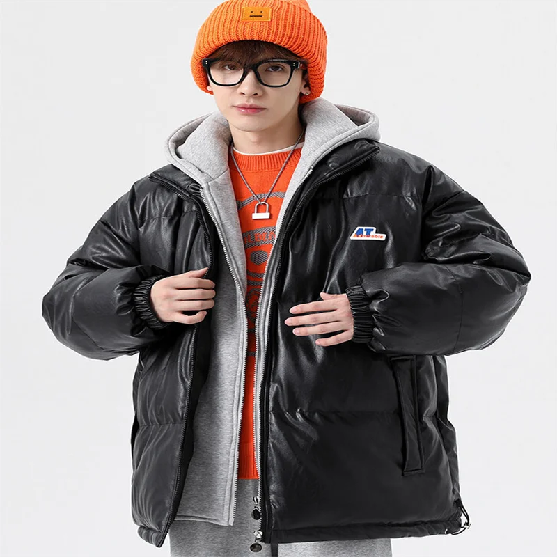 Men's Cotton Padded Clothes New Pu Leather  Are Popular In Winter. Two Thick Hooded Coats Are Fashionable And Warm