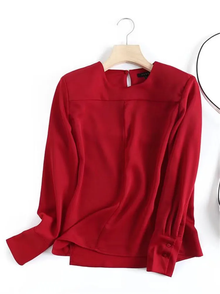 

Modelutti 2022 New Spring Autumn Fashion Long Sleeve Back Slit Satin Shirt Women Solid Color Blouses Simple Casual Tops Female