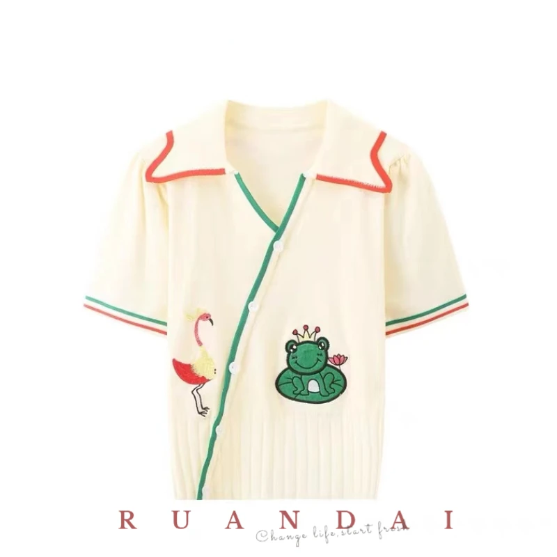 

Cartoon Frog Embroidery Polo Shirt T-shirt 2022 Summer Short-sleeved Korean Streetwear Knitted Cardigan Women Free Shipping