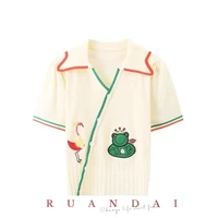 cartoon frog embroidery polo shirt t shirt 2022 summer short sleeved korean streetwear knitted cardigan women free shipping