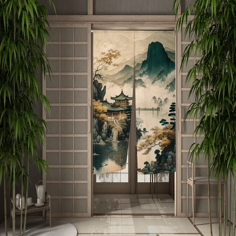 

ChineseInk Landscape Painting Door Curtain Japanese Style Dining Kitchen Partition Curtain Drape Entrance Hanging Half-Curtain