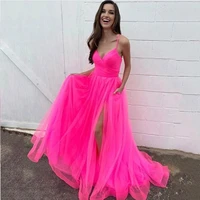 new magenta spaghetti strap evening dresses for party elegant high split soft tulle cocktail dress 2022 sexy open back gowns