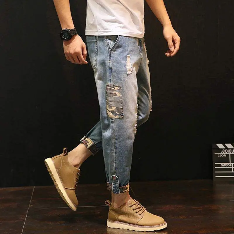 Retro Nostalgic Jeans Men's Loose 2022 Spring All-match Hole Tooling Men's Tide Brand Nine-point Pants Trend Mens Jeans