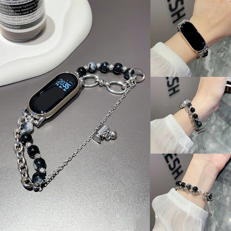 Браслет из бисера с обсидианом для Miband 8 Pro металлический ремешок-цепочка Xiaomi Band 9 7
