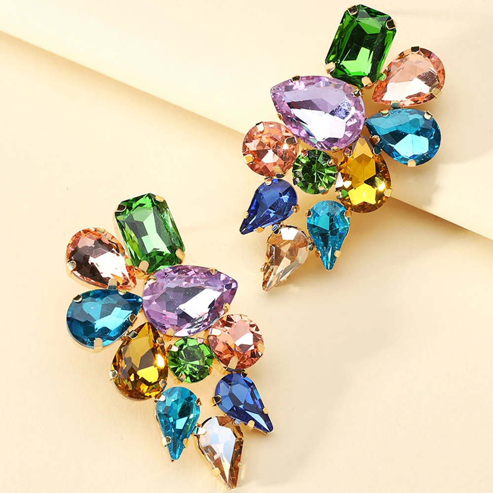 

Geometric Dangle Drop Earrings For Women Fashion Metal Hollow Full Multicolored Crystal Festival Statement Jewelry Accessories