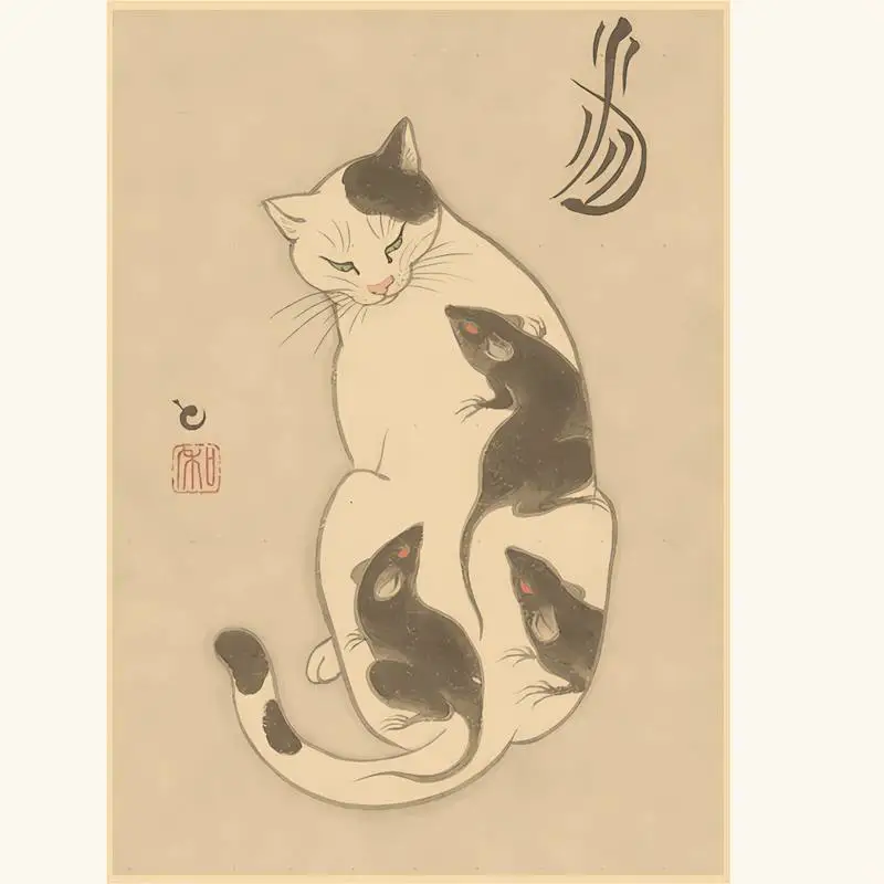 Постер в стиле ретро с изображением японской кошки самурая |