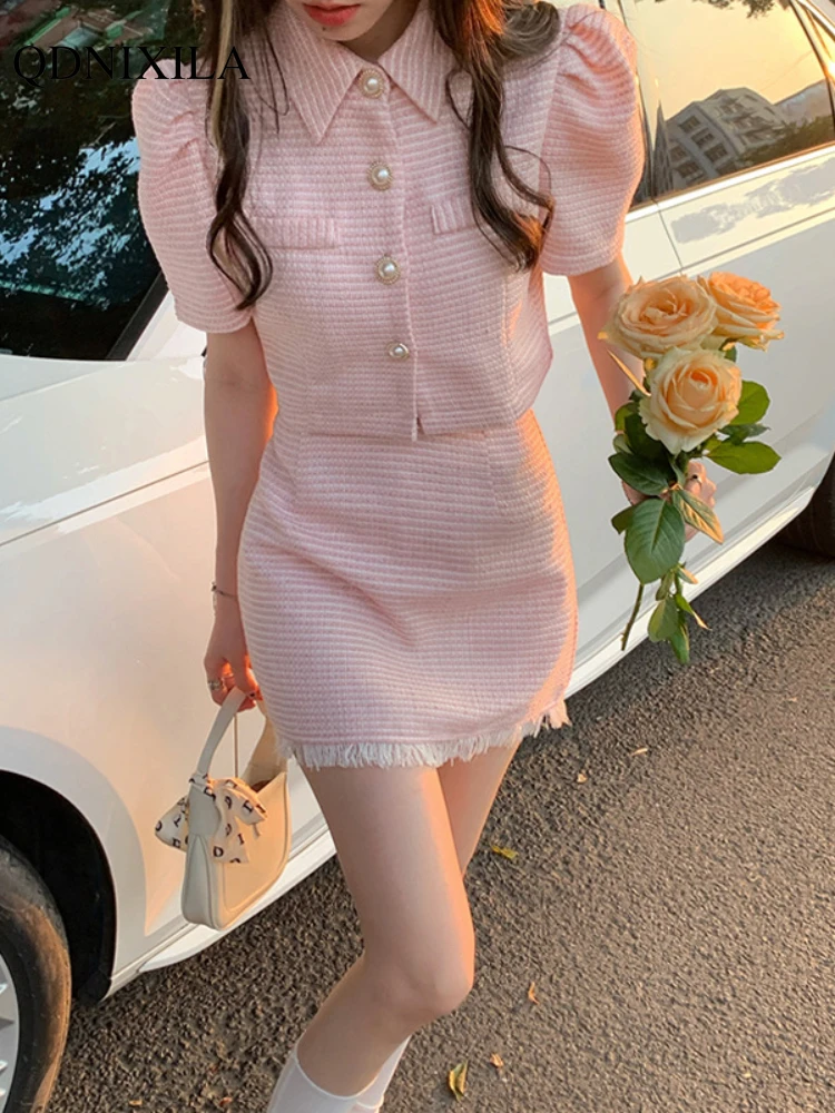 

Spring Summer 2023 New Small Cute Sweet Fashion Women's Skirt Set Elegant Pink Short Sleeve Blazer Suit and Skirt 2-piece Set