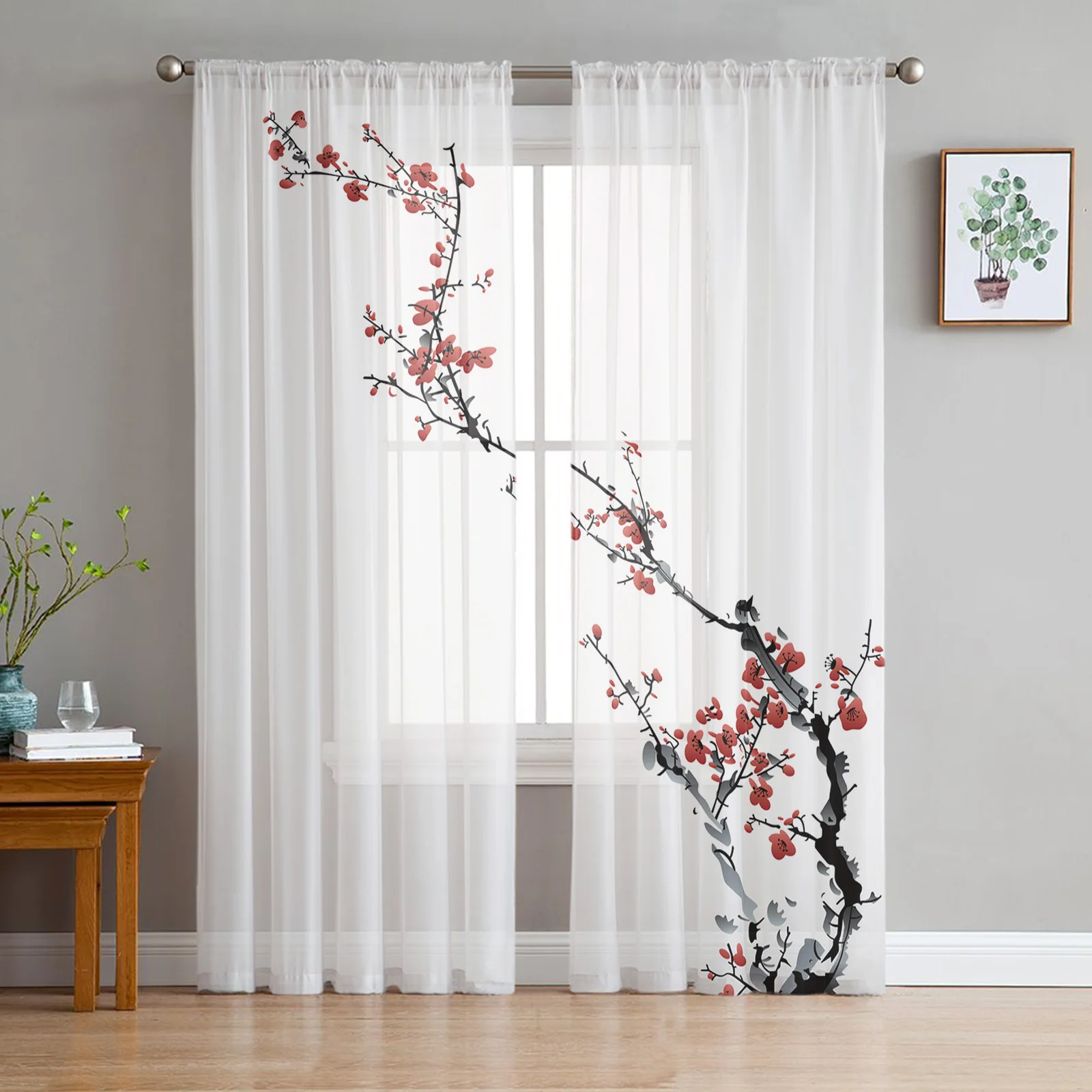 

Plum Blossom Ink Chinese Painting Tulle Sheer Window Curtains for Living Room the Bedroom Voile Decorative Curtains Drapes