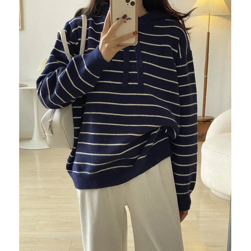 

2023 Spring New Loose Loose Hoodie Long Sleeve Top jersey de mujer invierno Striped Hooded Knitted Sweater for Women